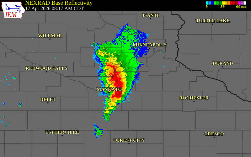 NEXRAD radar during the Friday, April 17, 2026 storm activity in Le Sueur County, Minnesota