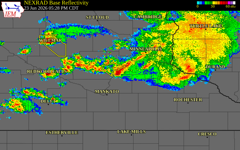 NEXRAD radar during the Tuesday, June 23, 2026 storm activity in Le Sueur County, Minnesota
