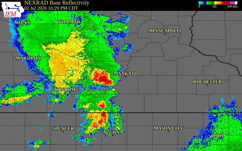 NEXRAD radar during the Thursday, July 2, 2026 storm activity in Le Sueur County, Minnesota