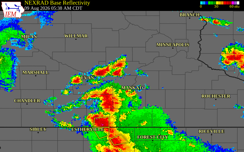 NEXRAD radar during the Sunday, August 9, 2026 storm activity in Le Sueur County, Minnesota