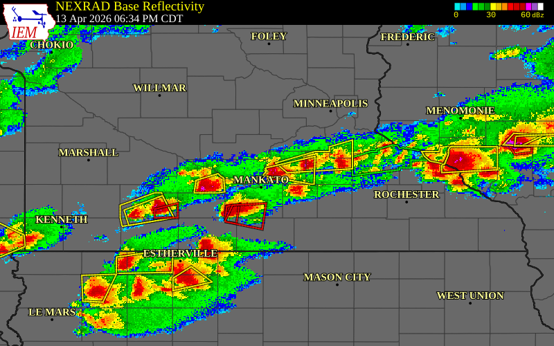 Radar snapshot during the Apr 13, 2026 hail event near Cleveland, Le Sueur County, Minnesota, with NWS warning polygons