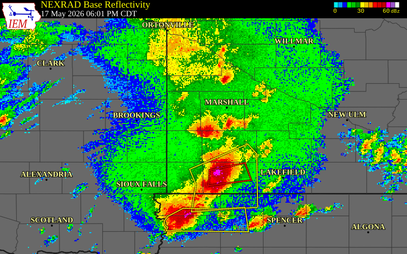 NEXRAD radar during the Sunday, May 17, 2026 storm activity in Lyon County, Minnesota