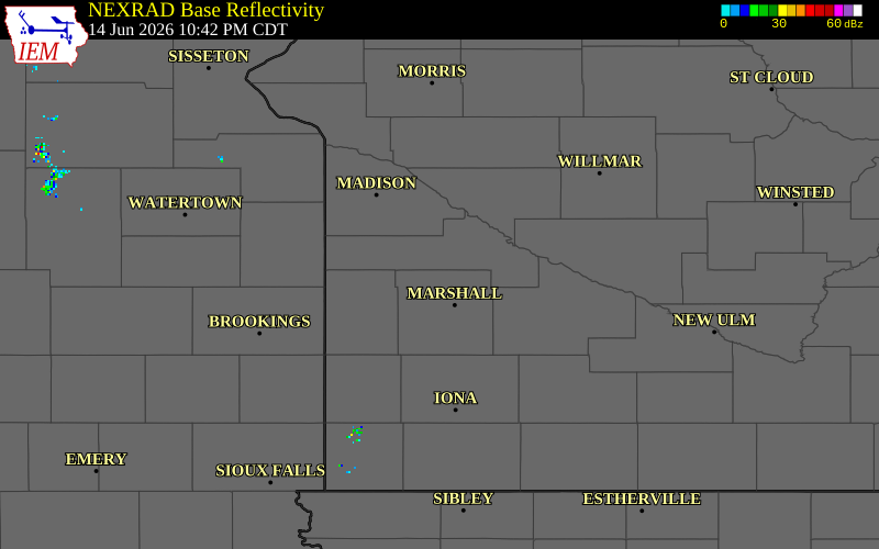 NEXRAD radar during the Sunday, June 14, 2026 storm activity in Lyon County, Minnesota
