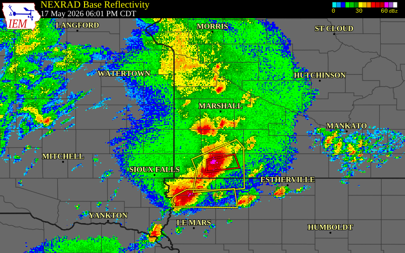 Radar snapshot during the May 17, 2026 wind event near Florence, Lyon County, Minnesota, with NWS warning polygons