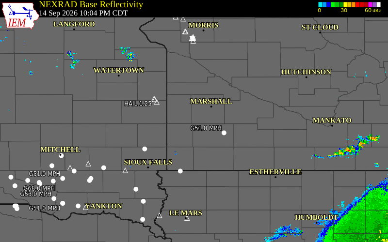 Current NEXRAD radar over Lyon County, Minnesota with recent storm report locations