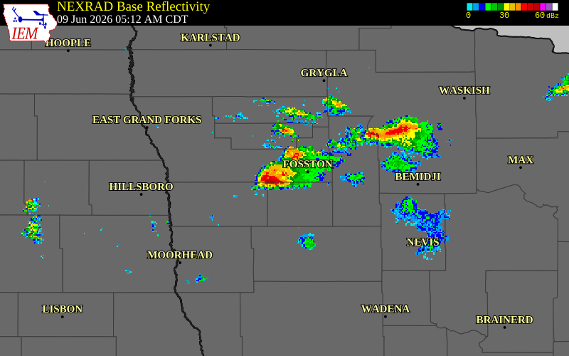 NEXRAD radar during the Tuesday, June 9, 2026 storm activity in Mahnomen County, Minnesota