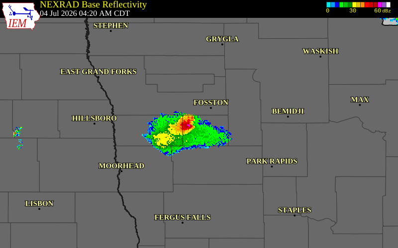 NEXRAD radar during the Saturday, July 4, 2026 storm activity in Mahnomen County, Minnesota