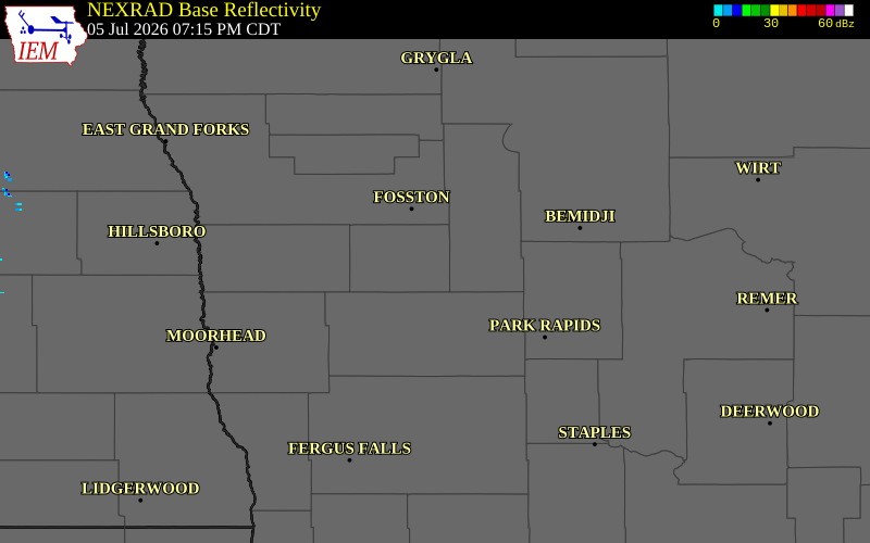 NEXRAD radar during the Sunday, July 5, 2026 storm activity in Mahnomen County, Minnesota