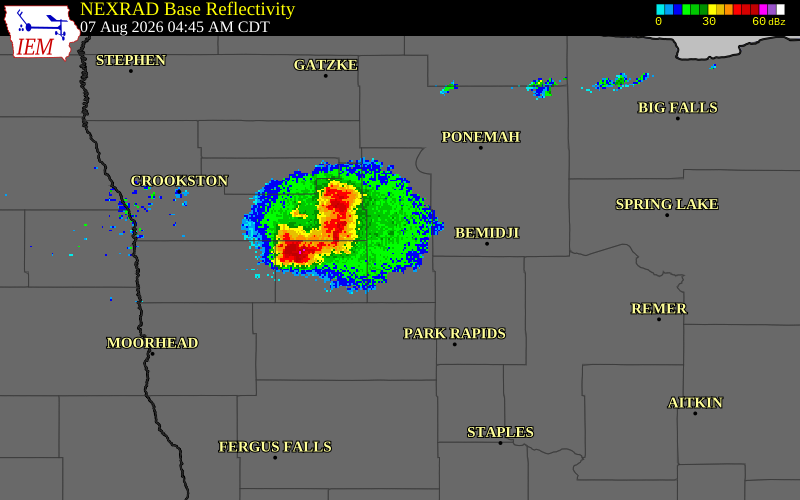 NEXRAD radar during the Friday, August 7, 2026 storm activity in Mahnomen County, Minnesota
