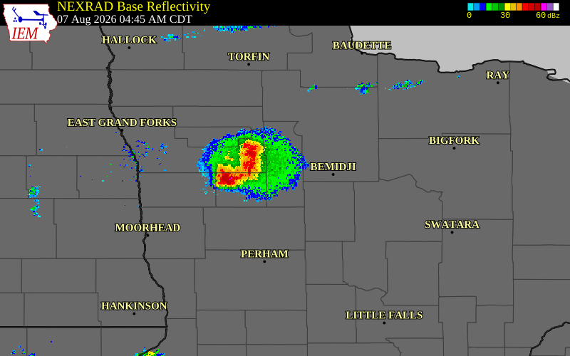 Radar snapshot during the Aug 7, 2026 hail event near Mahnomen County, Mahnomen County, Minnesota, with NWS warning polygons