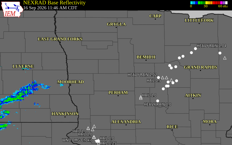 Current NEXRAD radar over Mahnomen County, Minnesota with recent storm report locations