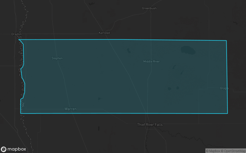 Map of Marshall County, Minnesota showing the county boundary and surrounding cities