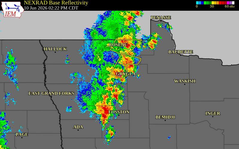 NEXRAD radar during the Wednesday, June 10, 2026 storm activity in Marshall County, Minnesota