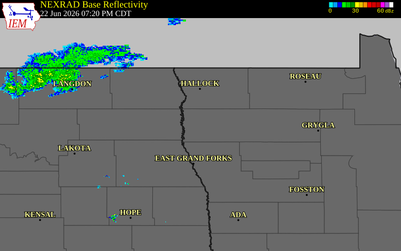 NEXRAD radar during the Monday, June 22, 2026 storm activity in Marshall County, Minnesota