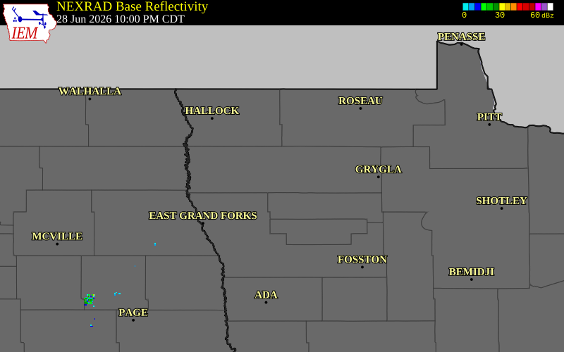 NEXRAD radar during the Sunday, June 28, 2026 storm activity in Marshall County, Minnesota