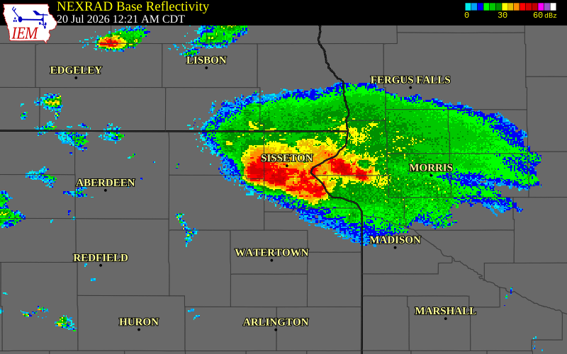 NEXRAD radar during the Monday, July 20, 2026 storm activity in Marshall County, Minnesota