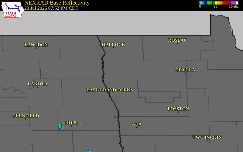 NEXRAD radar during the Thursday, July 23, 2026 storm activity in Marshall County, Minnesota