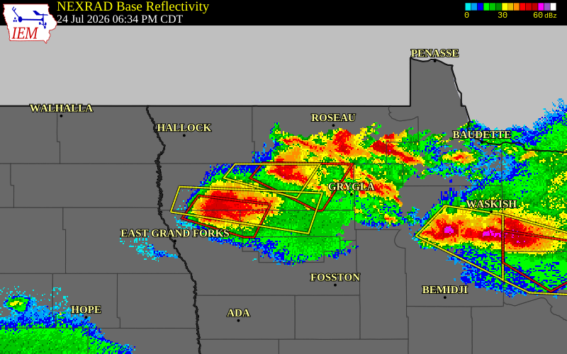 NEXRAD radar during the Friday, July 24, 2026 storm activity in Marshall County, Minnesota