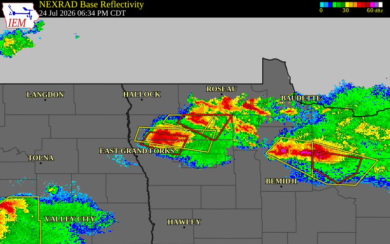 Radar snapshot during the Jul 24, 2026 tornado event near Middle River, Marshall County, Minnesota, with NWS warning polygons
