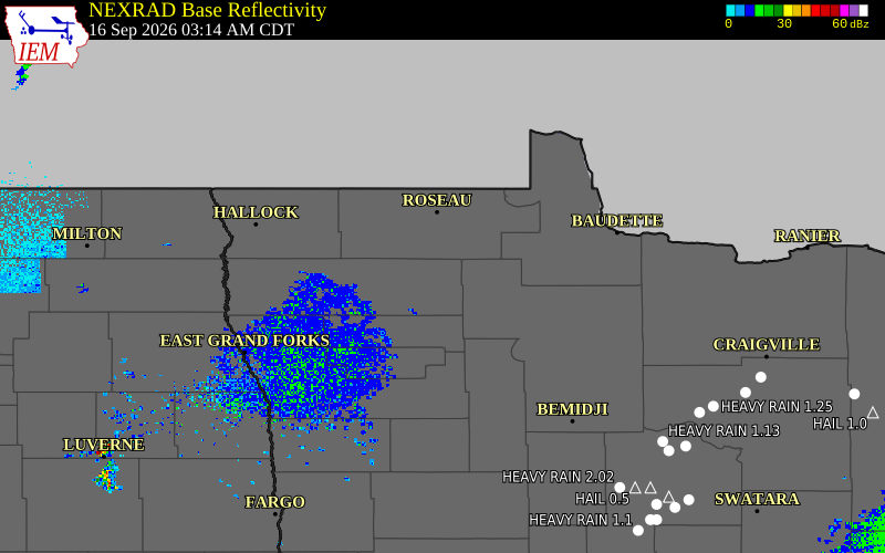 Current NEXRAD radar over Marshall County, Minnesota with recent storm report locations