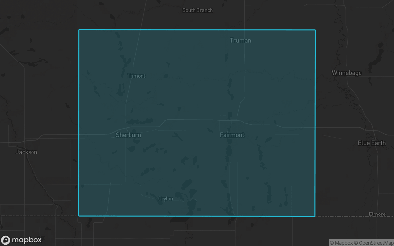 Map of Martin County, Minnesota showing the county boundary and surrounding cities