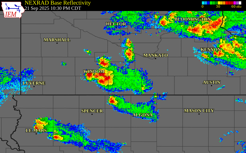 NEXRAD radar during the Sunday, September 21, 2025 storm activity in Martin County, Minnesota