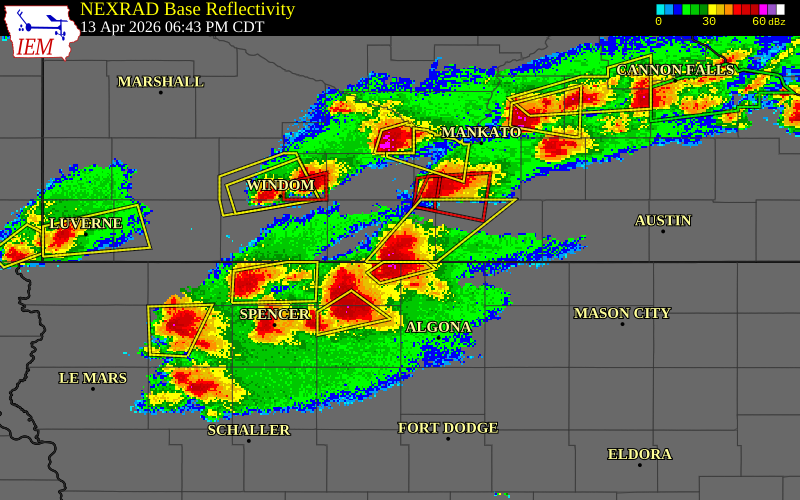 NEXRAD radar during the Monday, April 13, 2026 storm activity in Martin County, Minnesota