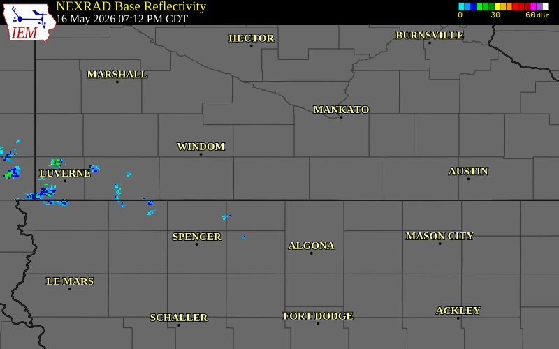 NEXRAD radar during the Saturday, May 16, 2026 storm activity in Martin County, Minnesota
