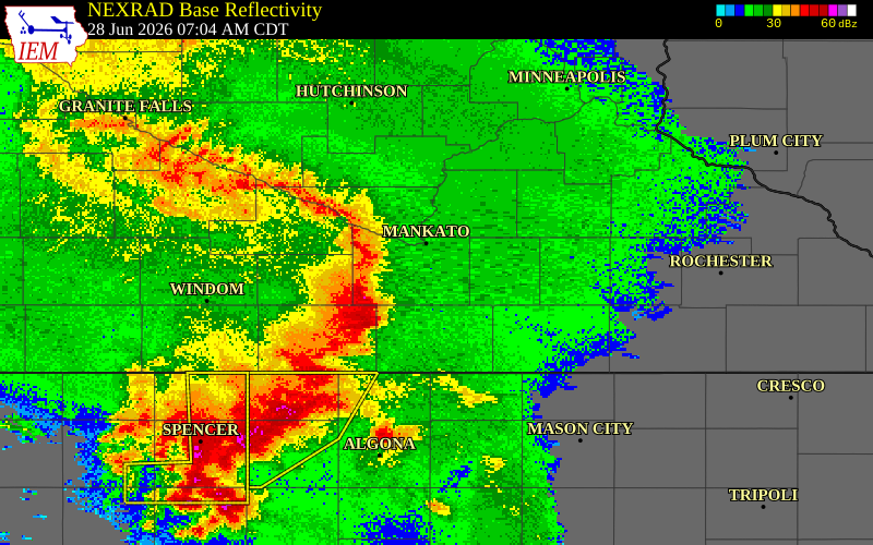 NEXRAD radar during the Sunday, June 28, 2026 storm activity in Martin County, Minnesota