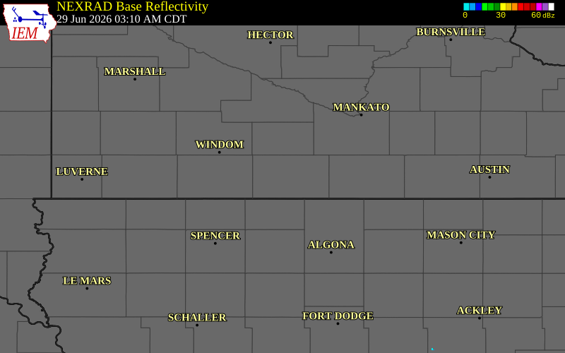 NEXRAD radar during the Monday, June 29, 2026 storm activity in Martin County, Minnesota