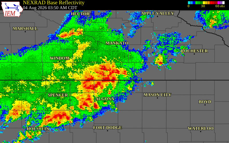 NEXRAD radar during the Tuesday, August 4, 2026 storm activity in Martin County, Minnesota