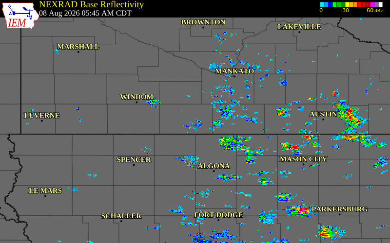 NEXRAD radar during the Saturday, August 8, 2026 storm activity in Martin County, Minnesota