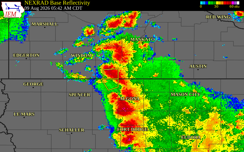 NEXRAD radar during the Sunday, August 9, 2026 storm activity in Martin County, Minnesota