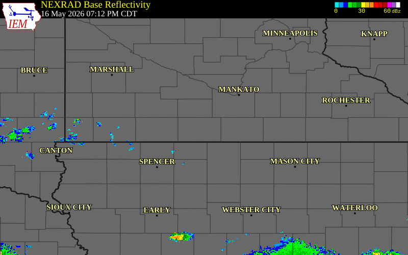 Radar snapshot during the May 16, 2026 tornado event near 3 WSW Northrop, Martin County, Minnesota, with NWS warning polygons