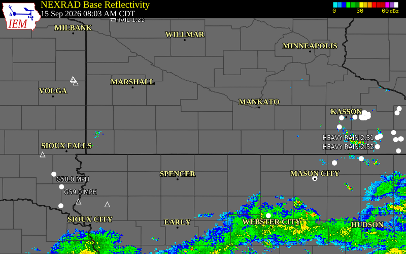 Current NEXRAD radar over Martin County, Minnesota with recent storm report locations