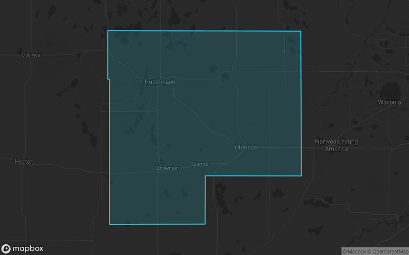 Map of McLeod County, Minnesota showing the county boundary and surrounding cities