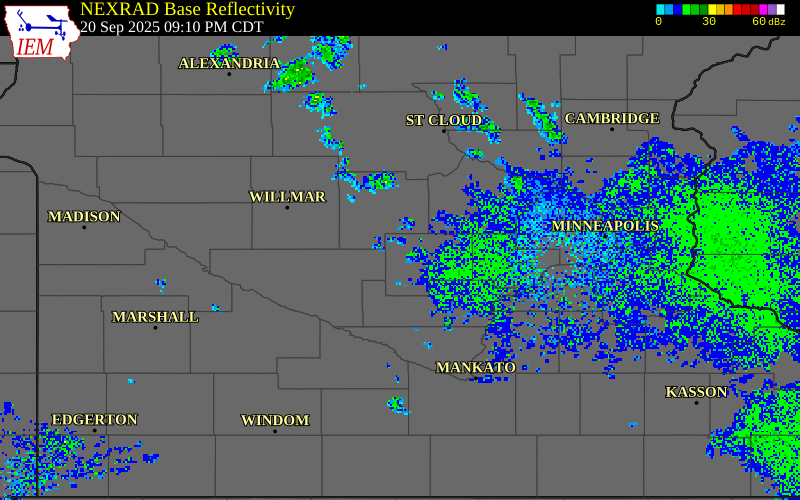 NEXRAD radar during the Saturday, September 20, 2025 storm activity in McLeod County, Minnesota