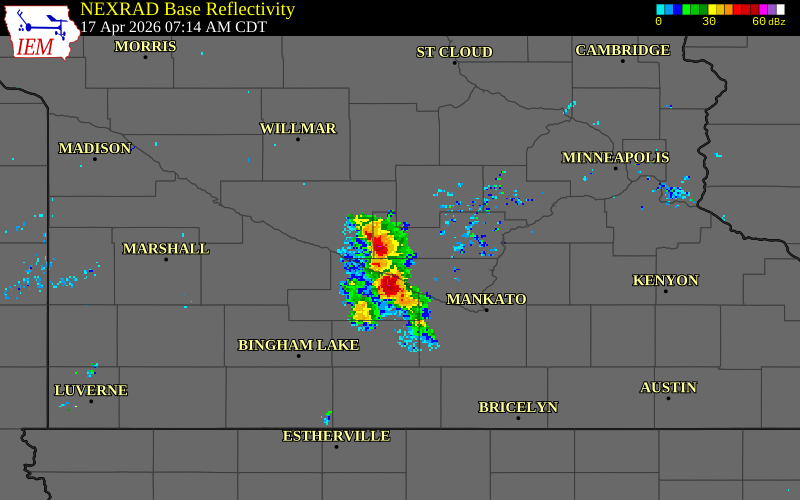 NEXRAD radar during the Friday, April 17, 2026 storm activity in McLeod County, Minnesota