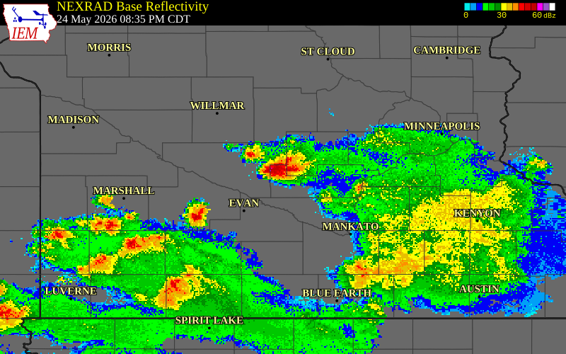 NEXRAD radar during the Sunday, May 24, 2026 storm activity in McLeod County, Minnesota