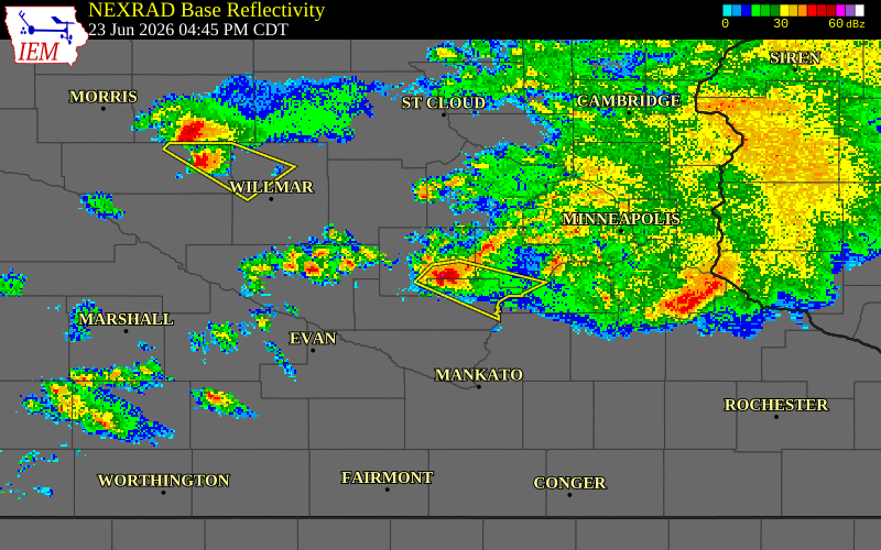 NEXRAD radar during the Tuesday, June 23, 2026 storm activity in McLeod County, Minnesota