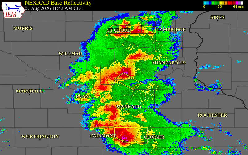 NEXRAD radar during the Friday, August 7, 2026 storm activity in McLeod County, Minnesota