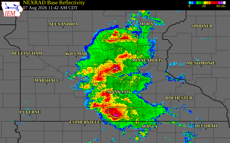 Radar snapshot during the Aug 7, 2026 wind event near 2 WSW Plato, McLeod County, Minnesota, with NWS warning polygons