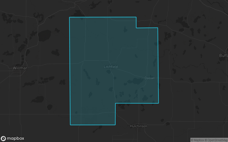 Map of Meeker County, Minnesota showing the county boundary and surrounding cities