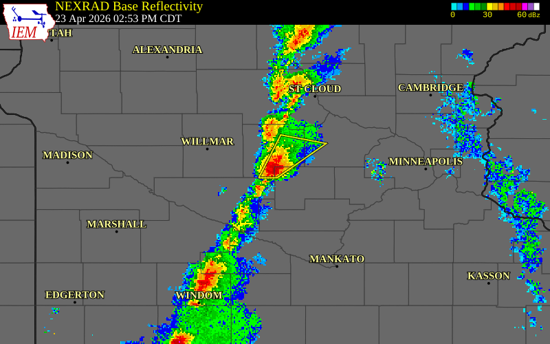NEXRAD radar during the Thursday, April 23, 2026 storm activity in Meeker County, Minnesota