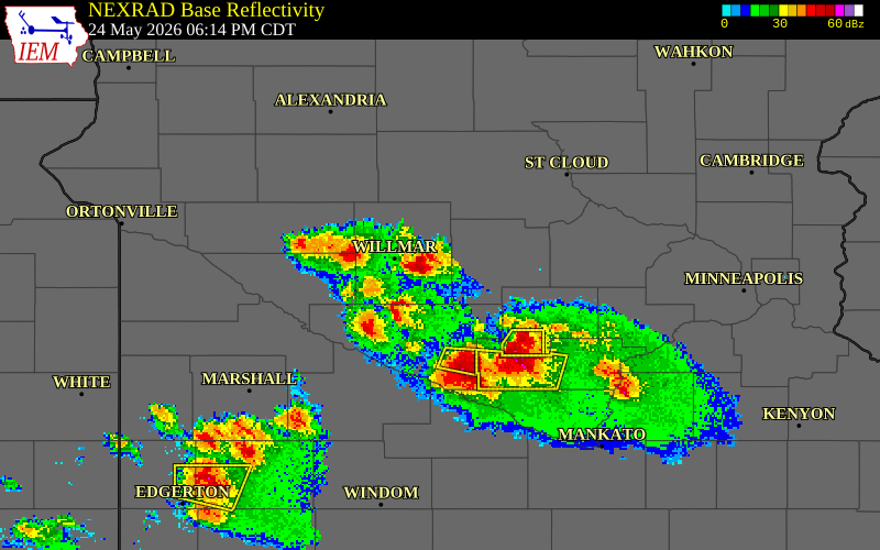NEXRAD radar during the Sunday, May 24, 2026 storm activity in Meeker County, Minnesota