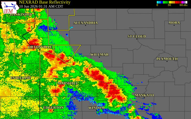 NEXRAD radar during the Wednesday, June 10, 2026 storm activity in Meeker County, Minnesota