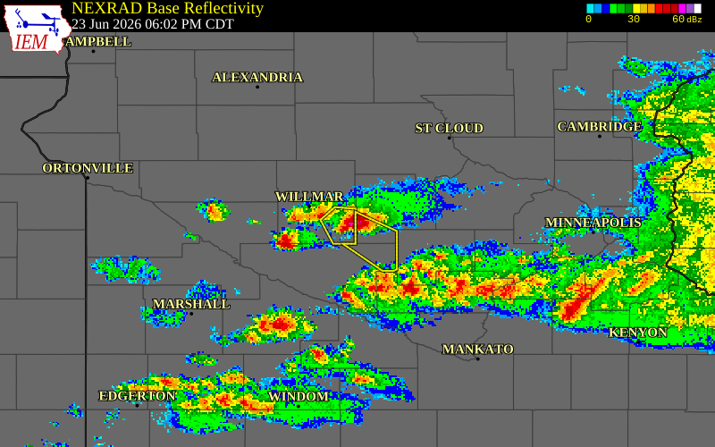 NEXRAD radar during the Tuesday, June 23, 2026 storm activity in Meeker County, Minnesota