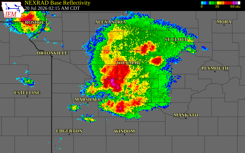 NEXRAD radar during the Monday, July 20, 2026 storm activity in Meeker County, Minnesota