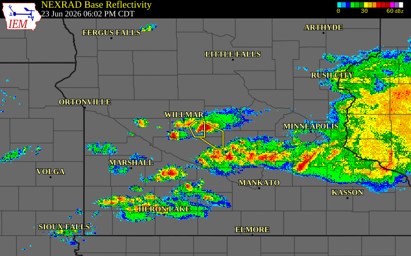 Radar snapshot during the Jun 23, 2026 hail event near 6 NNW Cosmos, Meeker County, Minnesota, with NWS warning polygons