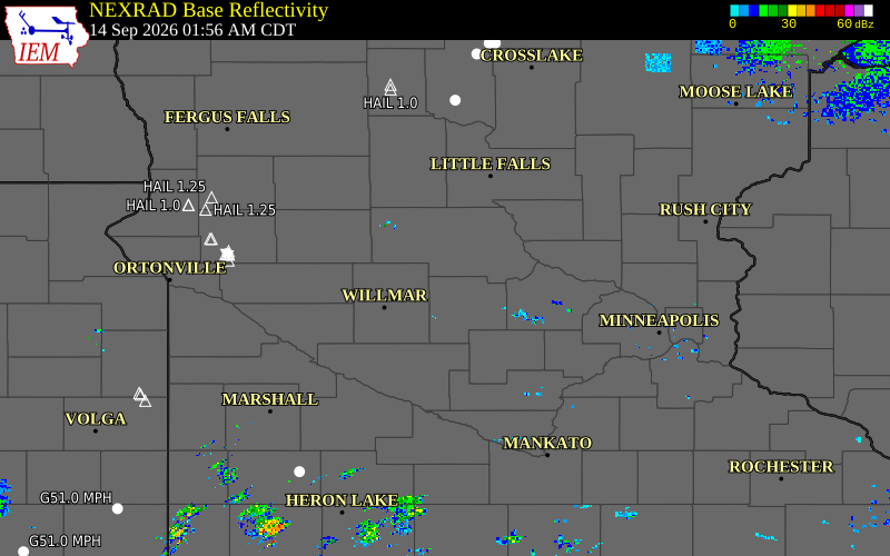 Current NEXRAD radar over Meeker County, Minnesota with recent storm report locations
